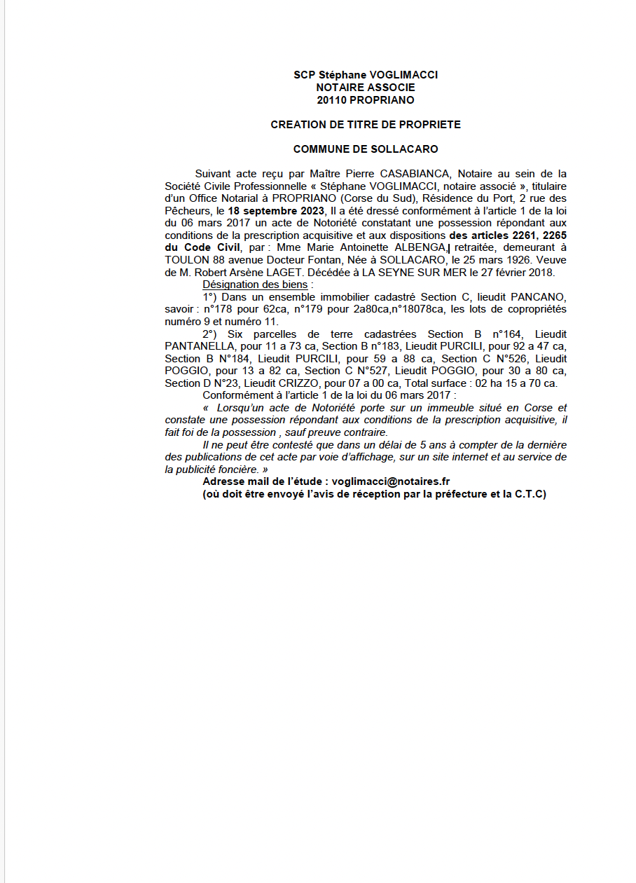  Avis de création de titre de propriété - Commune de Suddacarò (Pumonti)