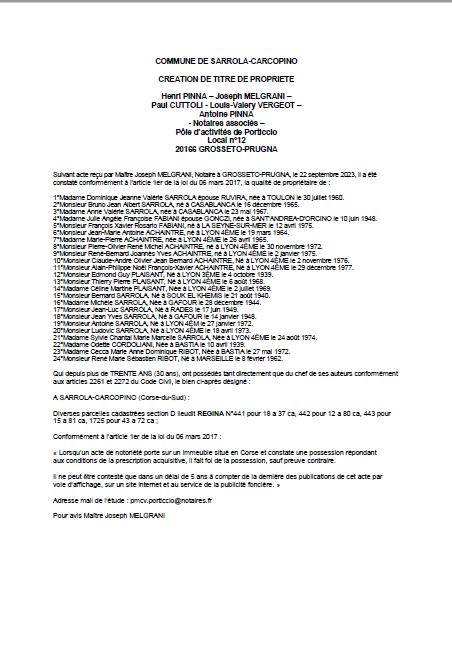 Avis de création de titre de propriété - Commune de Sarrula è Carcupinu (Pumonti)