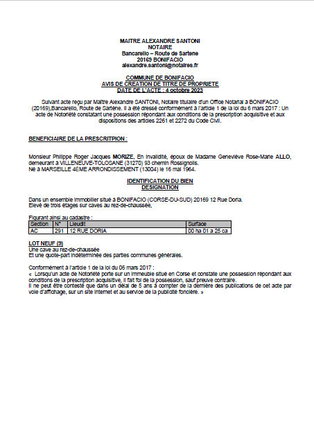  Avis de création de titre de propriété - Commune de Bonifaziu (Pumonti)