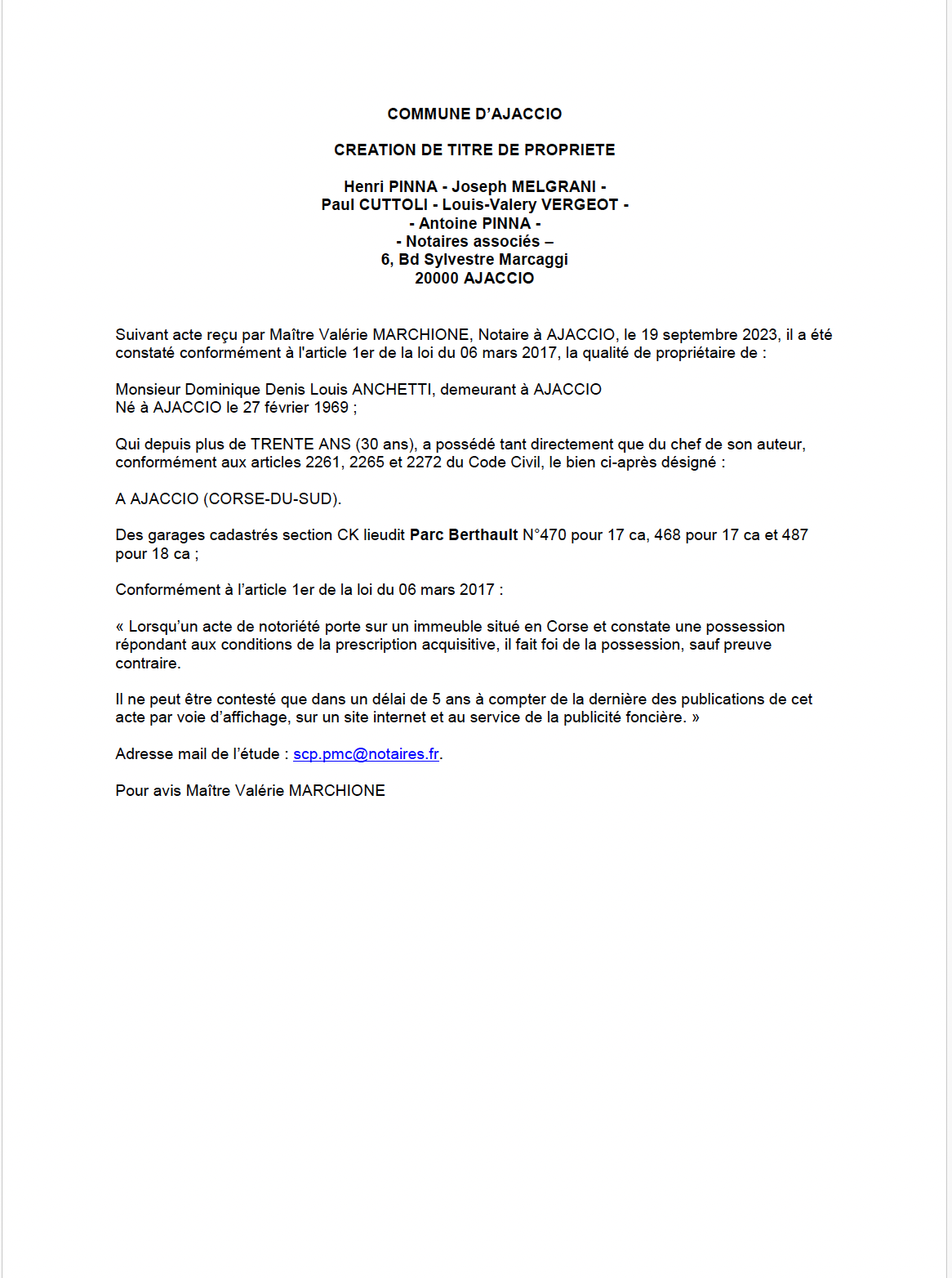 Avis de création de titre de propriété - Commune d'Aiacciu (Pumonti)