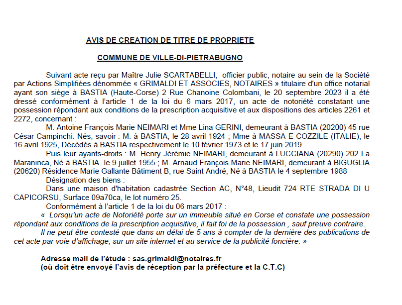 Avis de création de titre de propriété - Commune de Ville di Pietrabugnu (Cismonte)