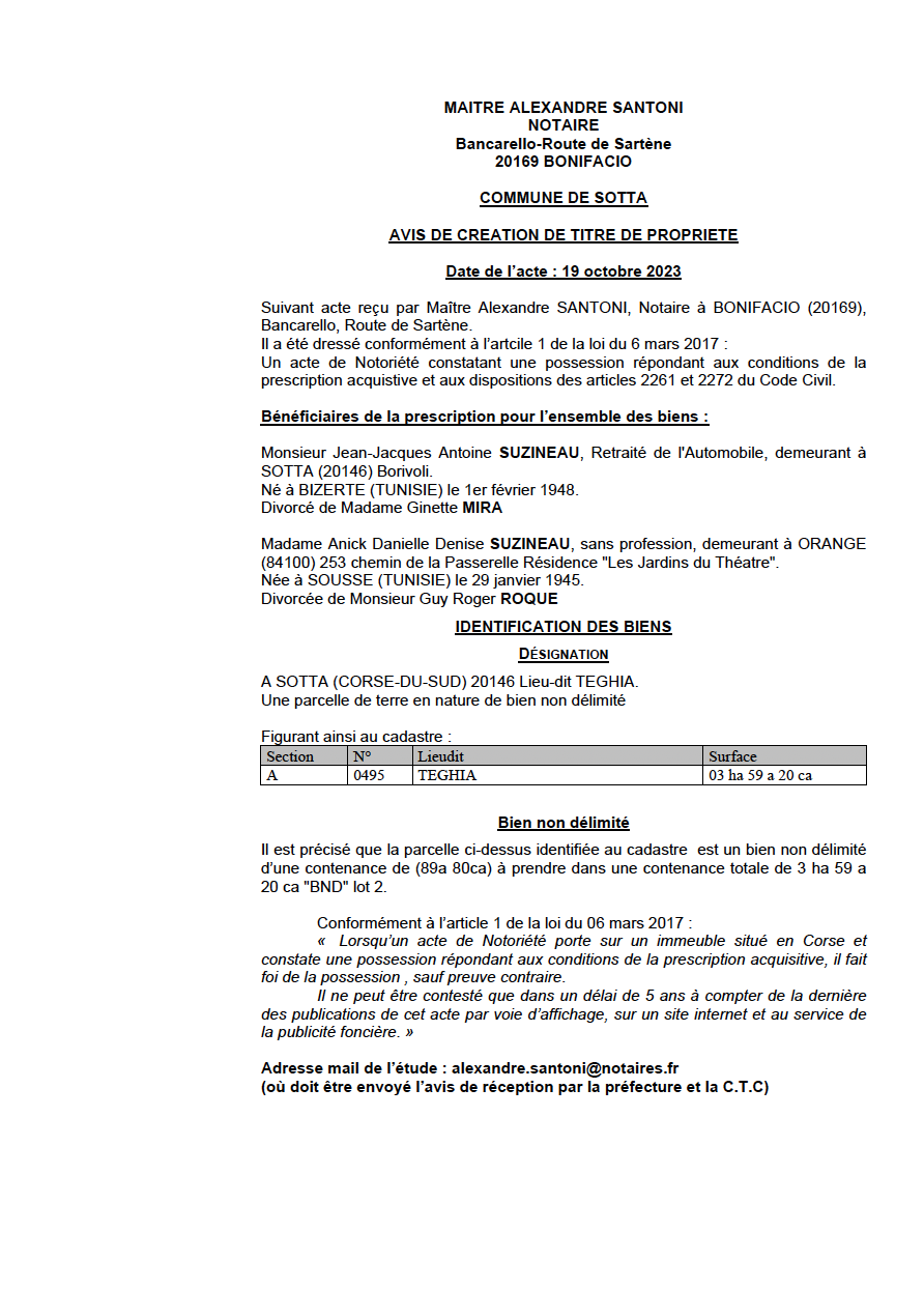 Avis de création de titre de propriété - Commune de Sotta (Pumonti)