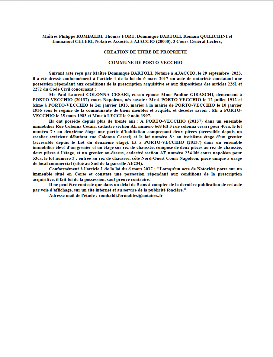 Avis de création de titre de propriété - Commune de Portivechju (Pumonti)