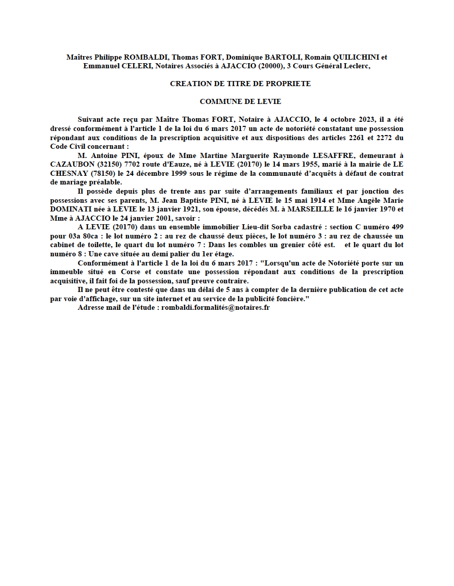  Avis de création de titre de propriété - Commune de Livia (Pumonti)