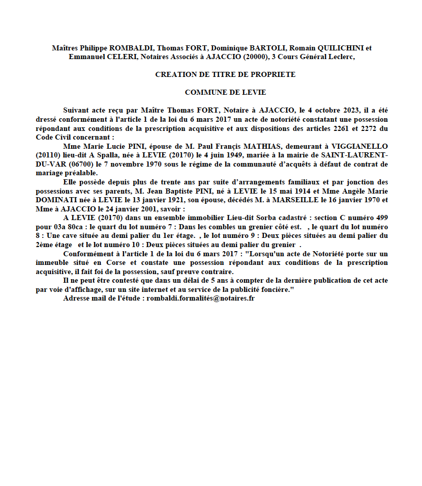 Avis de création de titre de propriété - Commune de Livia (Pumonti)