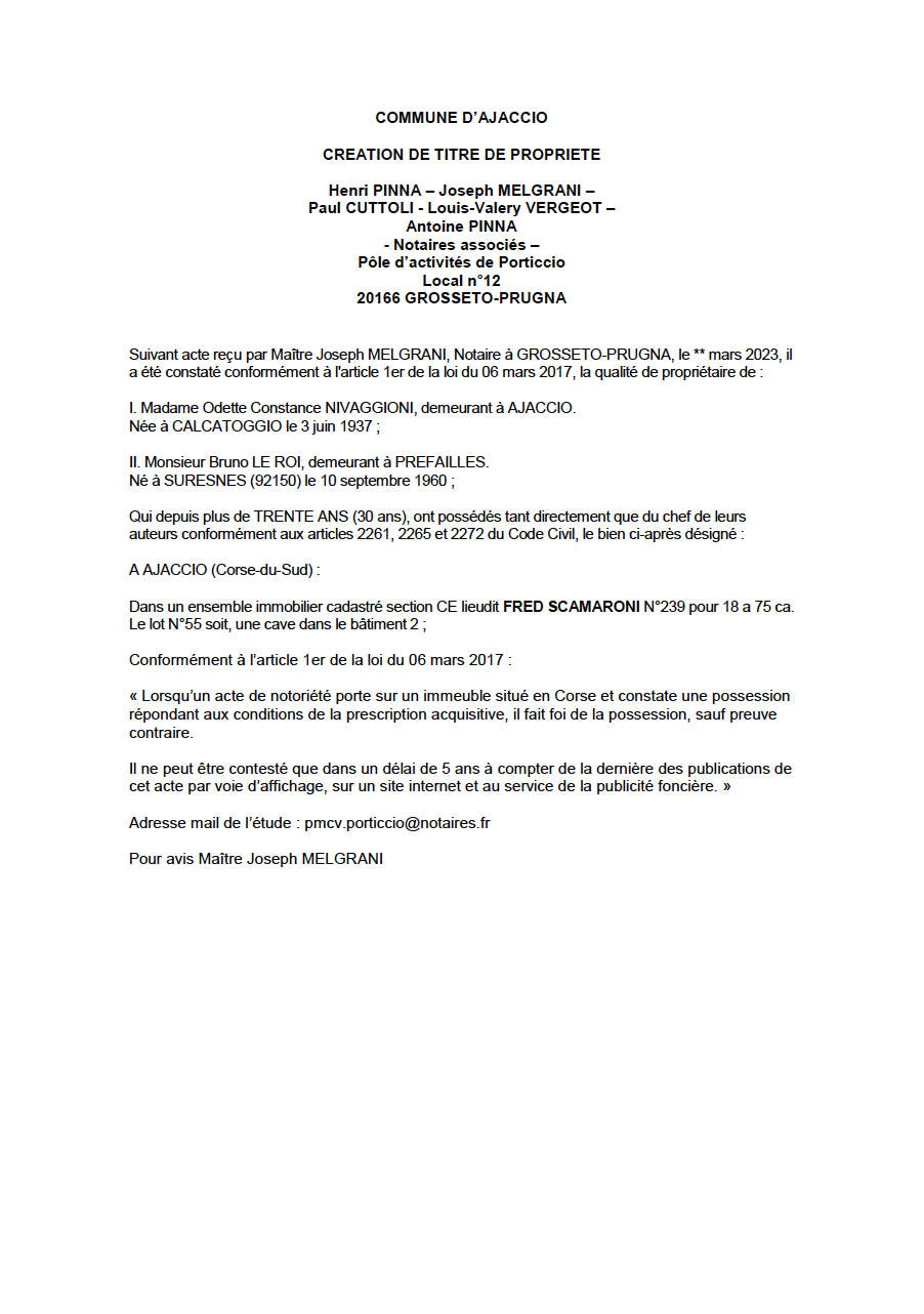 Avis de création de titre de propriété - Commune d'Aiacciu (Pumonti)