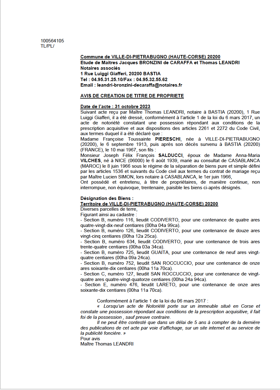 Avis de création de titre de propriété - Commune de E Ville di Pietrabugnu (Cismonte)