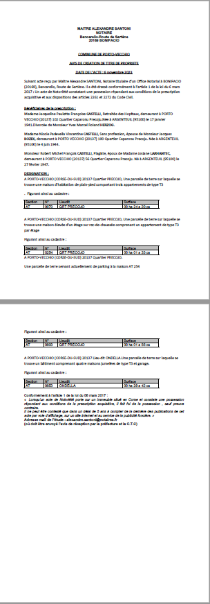 Avis de création de titre de propriété - Commune de Portivechju (Pumonti) Avis de création de titre de propriété - Commune de Portivechju (Pumonti)