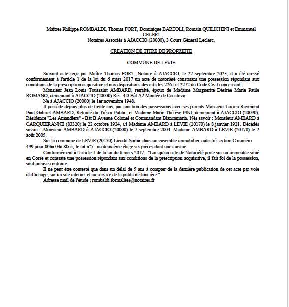 Avis de création de titre de propriété - Commune de Livia (Pumonti) Avis de création de titre de propriété - Commune de Livia (Pumonti)