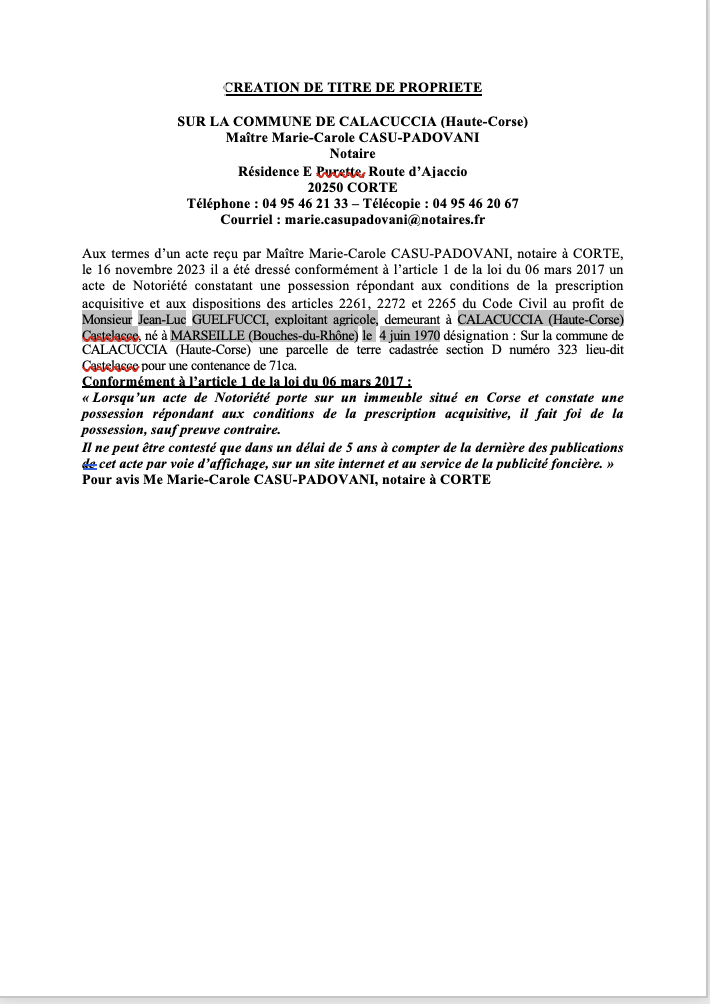 Avis de création de titre de propriété - Commune de Calacuccia (Cismonte)