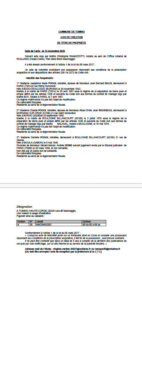 Avis de création de titre de propriété - Commune de Tuminu (Cismonte)