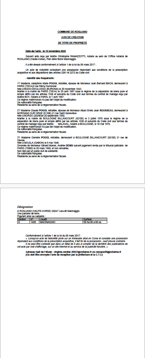 Avis de création de titre de propriété - Commune de Ruglianu (Cismonte) Avis de création de titre de propriété - Commune de Ruglianu (Cismonte)