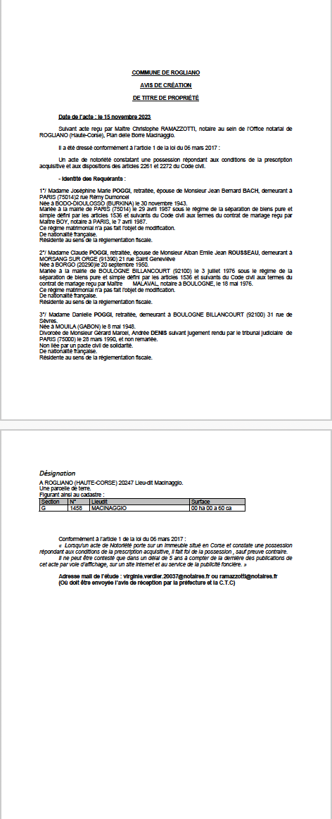 Avis de création de titre de propriété - Commune de Ruglianu (Cismonte)