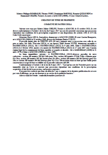 Avis de création de titre de propriété - Commune de  A Pastricciola  (Pumonti) Avis de création de titre de propriété - Commune de  A Pastricciola  (Pumonti)