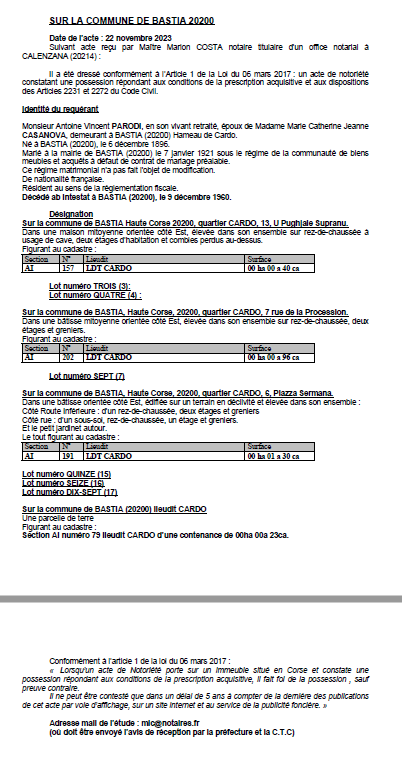 Avis de création de titre de propriété - Commune de Bastia (Cismonte)