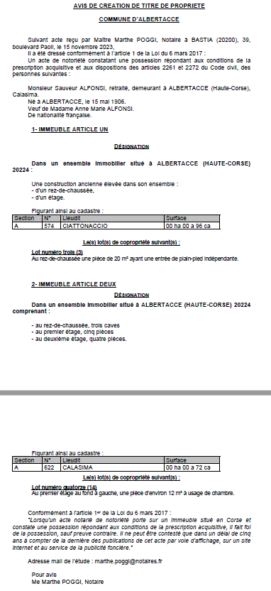Avis de création de titre de propriété - Commune d'Albertacce (Cismonte)