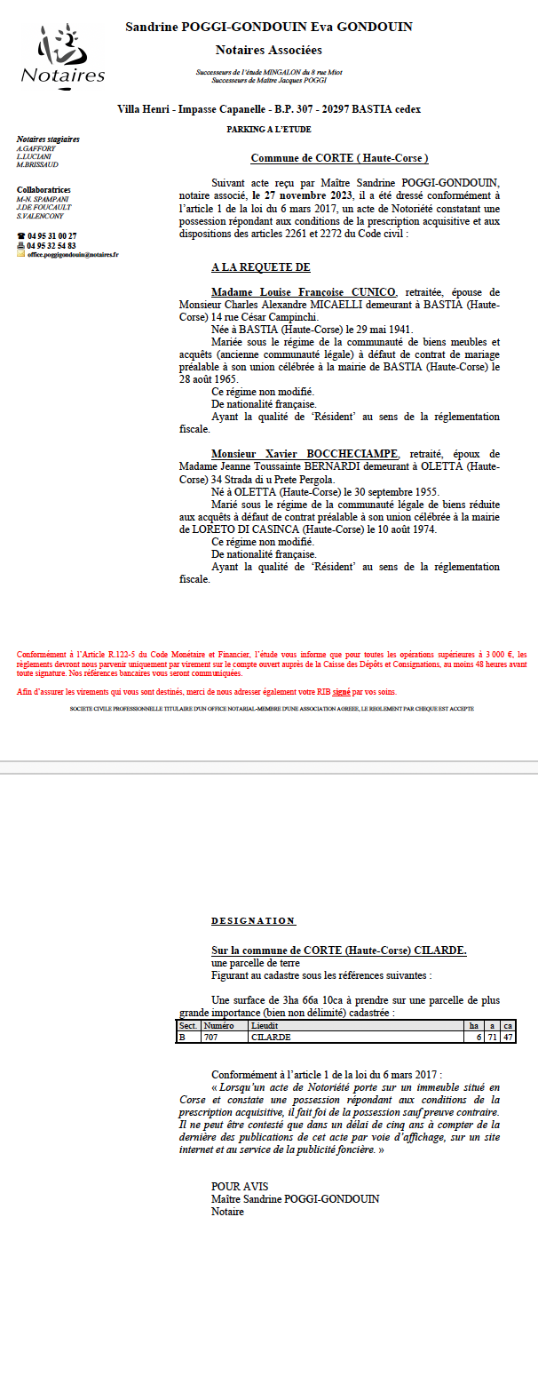 Avis de création de titre de propriété - Commune de Corti  (Cismonte) Avis de création de titre de propriété - Commune de Corti  (Cismonte)