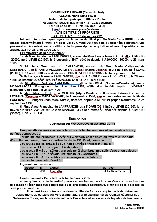 Avis de création de titre de propriété - Commune de Figari (Pumonti)