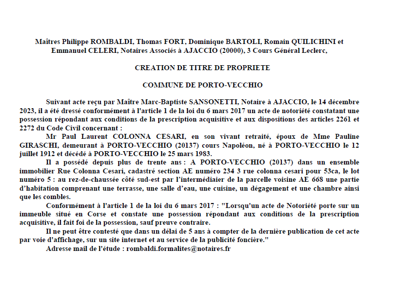 Avis de création de titre de propriété - Commune de Portivechju (Pumonti)