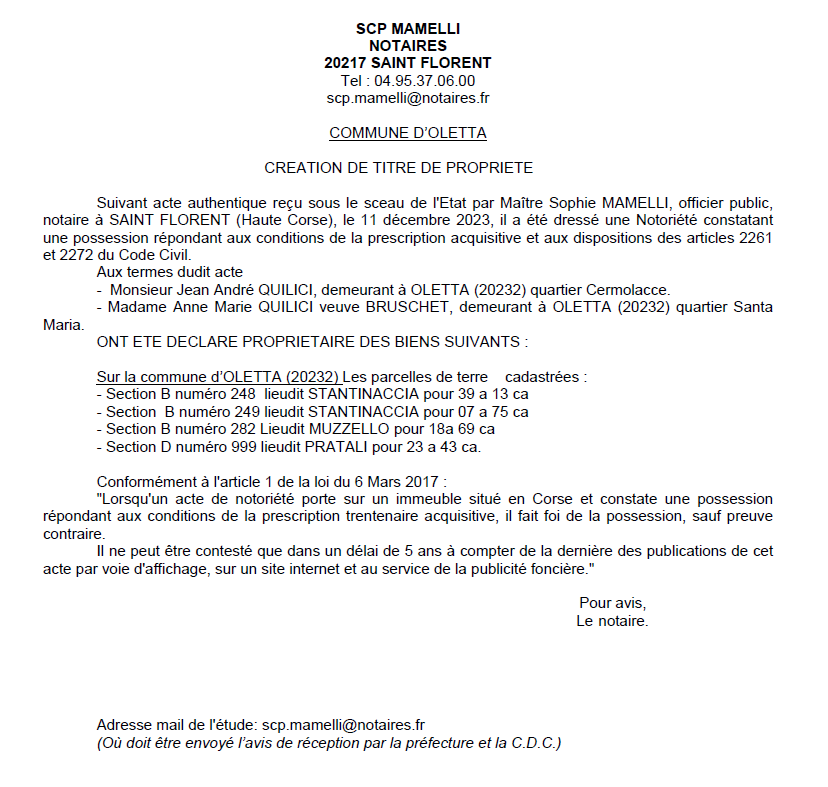 Avis de création de titre de propriété - Commune d'Oletta (Cismonte)