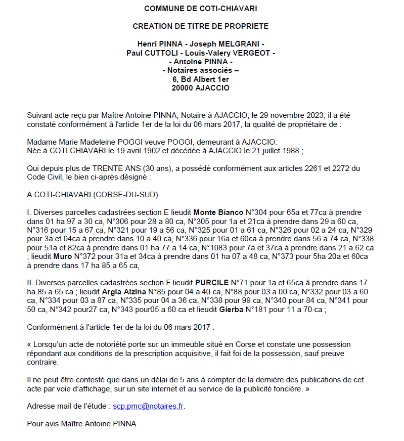 Avis de création de titre de propriété - Commune de Coti Chjavari (Pumonti)