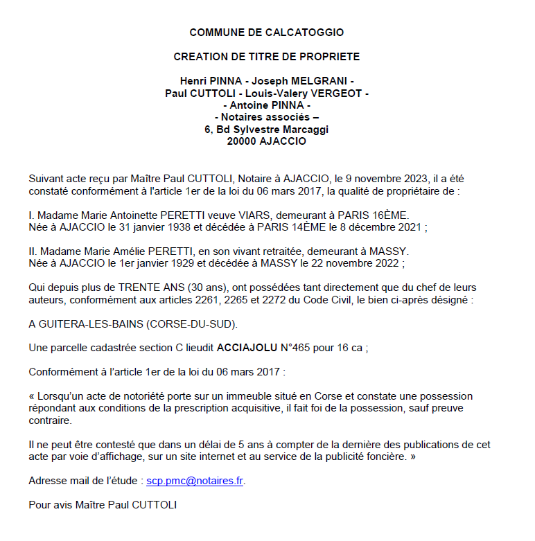 Avis de création de titre de propriété - Commune de Calcatoghju (Pumonti)
