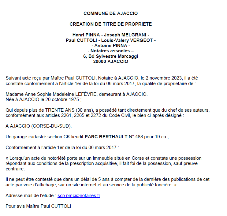 Avis de création de titre de propriété - Commune d'Aiacciu (Pumonti)