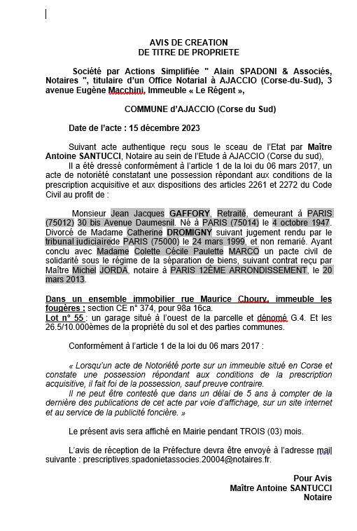 Avis de création de titre de propriété - Commune d'Aiacciu (Pumonti)