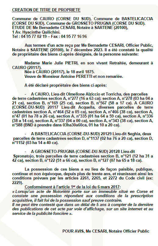 Avis de création de titre de propriété - Commune de Cavru (Pumonti)