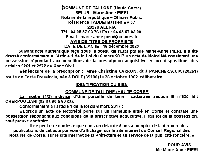 Avis de création de titre de propriété - Commune de Tallone (Cismonte)