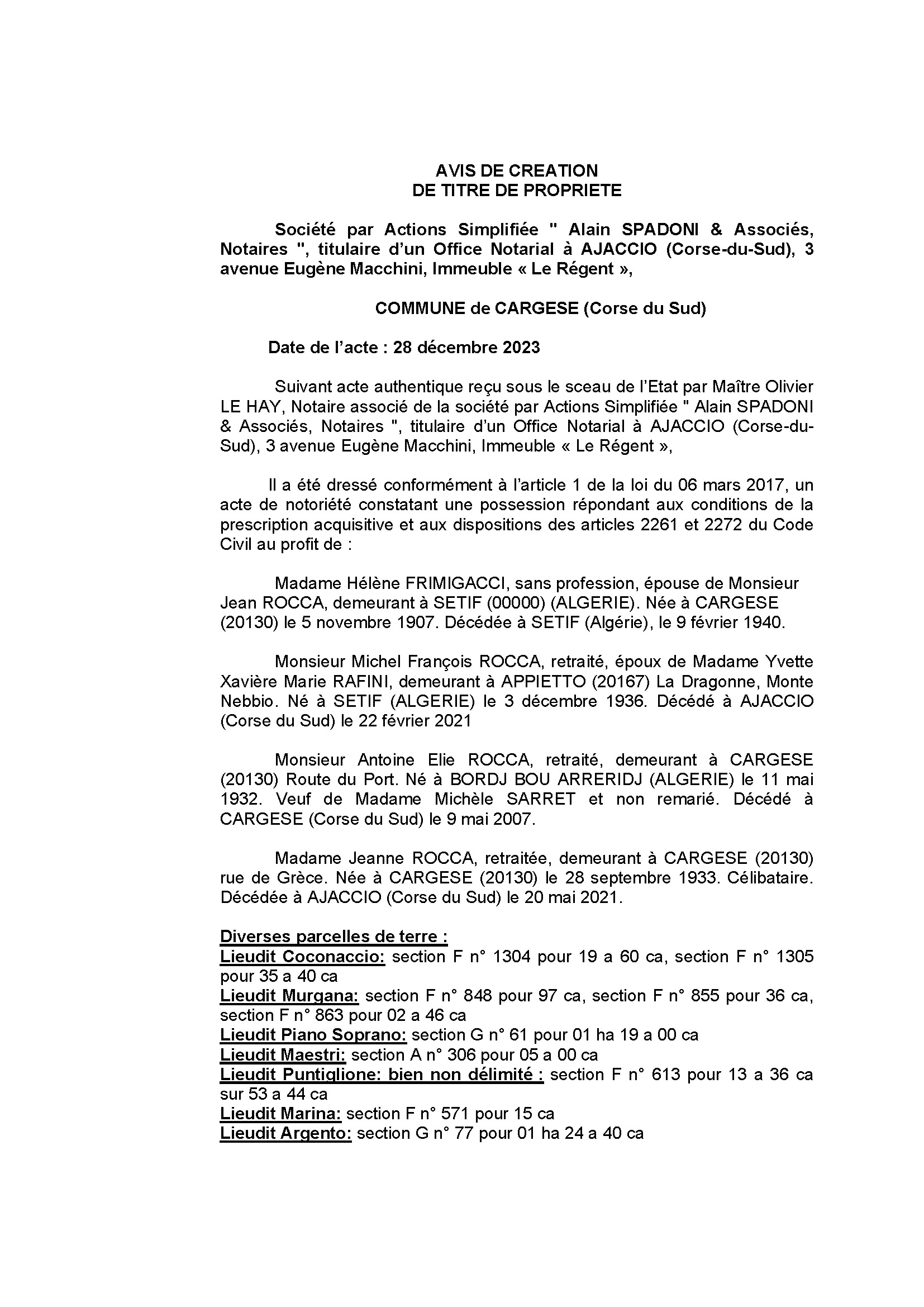 Avis de création de titre de propriété - Commune de Carghjese (Pumonti)
