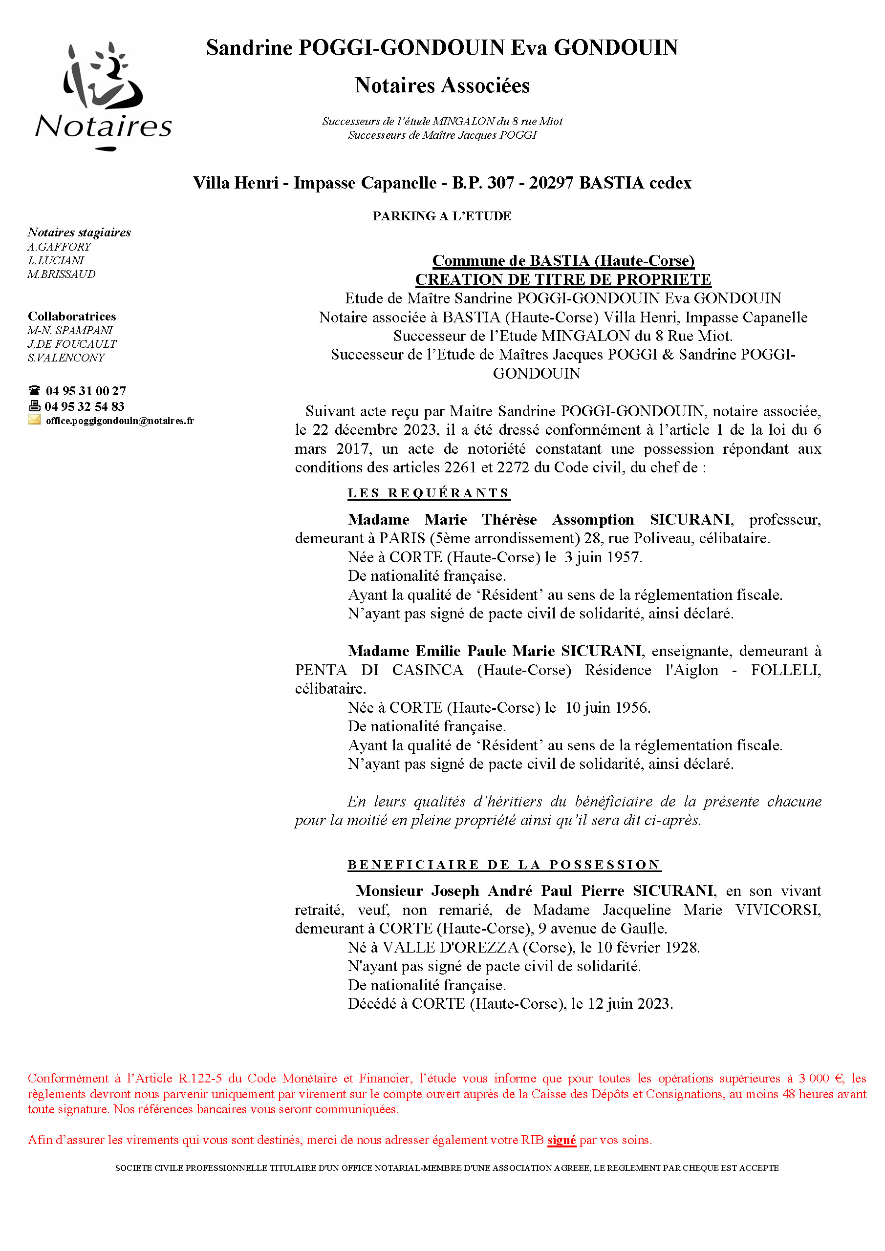 Avis de création de titre de propriété - Commune d'A Valle d'Orezza (Cismonte)