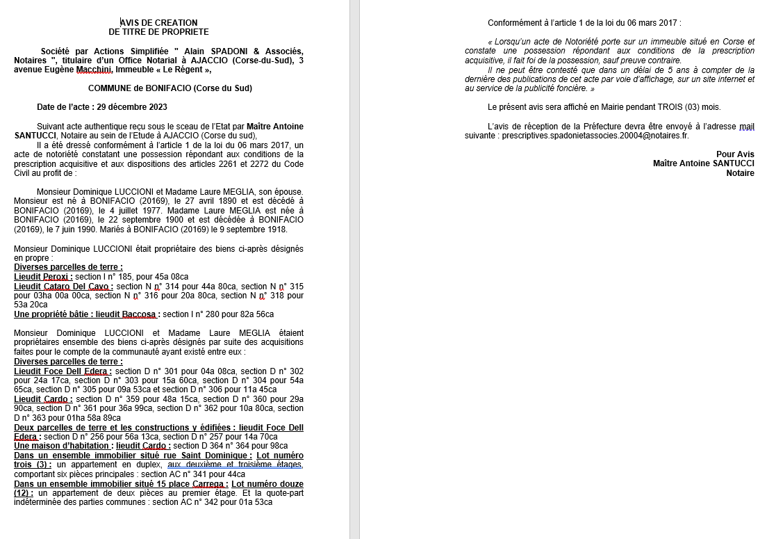 Avis de création de titre de propriété - Commune de Bonifaziu (Pumonti)