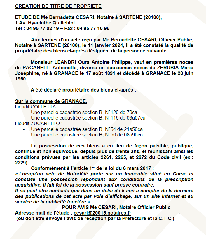 Avis de création de titre de propriété - Commune de Sartè (Pumonti)