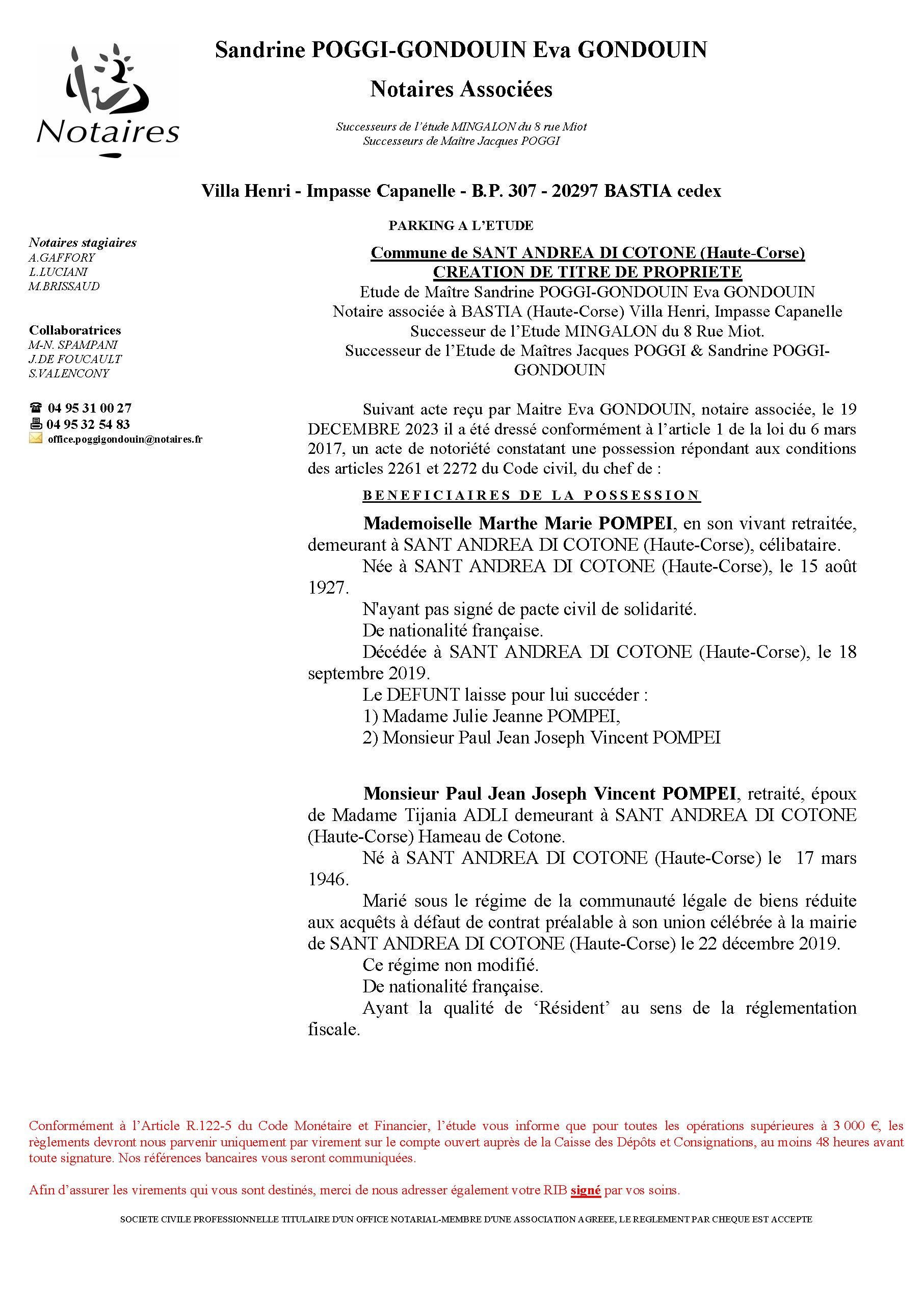 Avis de création de titre de propriété - Commune de Sant'Andria di u Cotone (Cismonte)