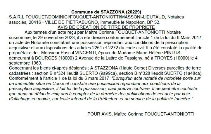 Avis de création de titre de propriété - Commune de Stazzona (Cismonte)