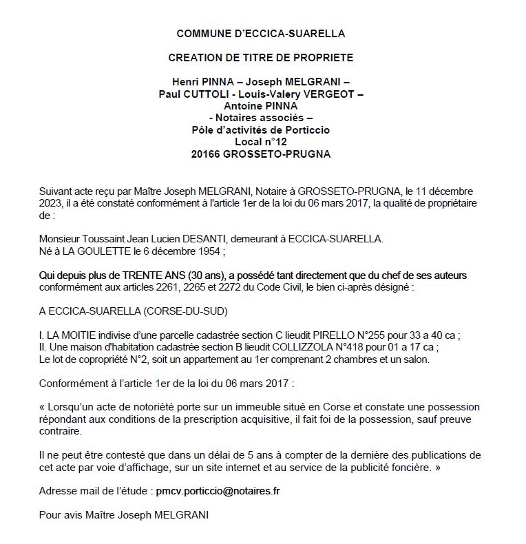 Avis de création de titre de propriété - Commune de Eccica è Suaredda (Pumonti)