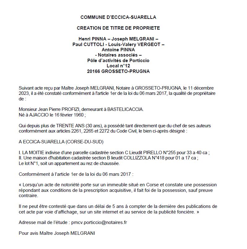 Avis de création de titre de propriété - Commune de Eccica è Suaredda (Pumonti)