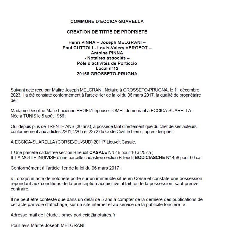 Avis de création de titre de propriété - Commune de Eccica è Suaredda (Pumonti)