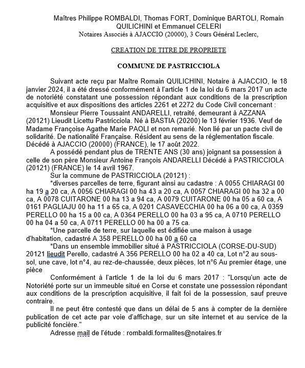 Avis de création de titre de propriété - Commune de A Pastricciola (Pumonti)