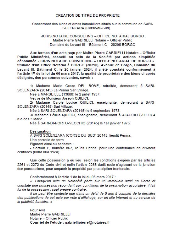 Avis de création de titre de propriété - Commune de Sari è Sulinzara (Cismonte)