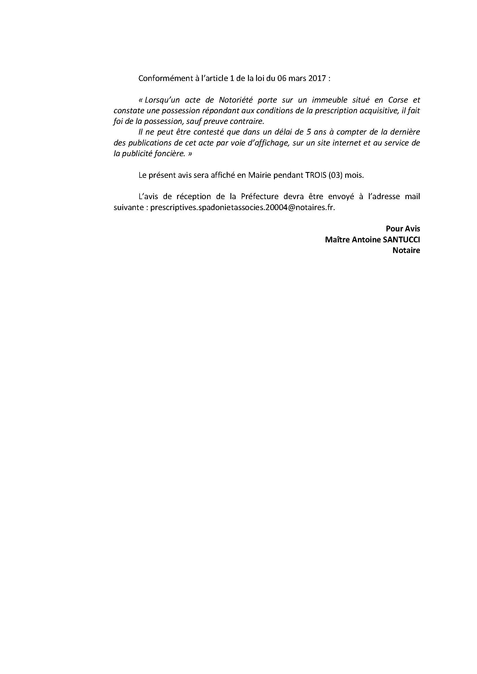 Avis de création de titre de propriété - Commune de Letia (Pumonti)