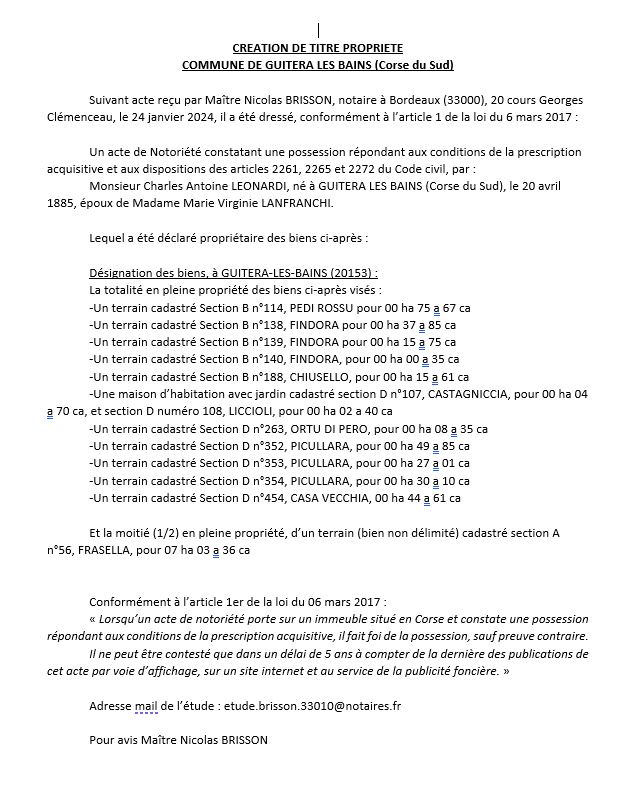 Avis de création de titre de propriété - Commune de A Vuttera (Pumonti)