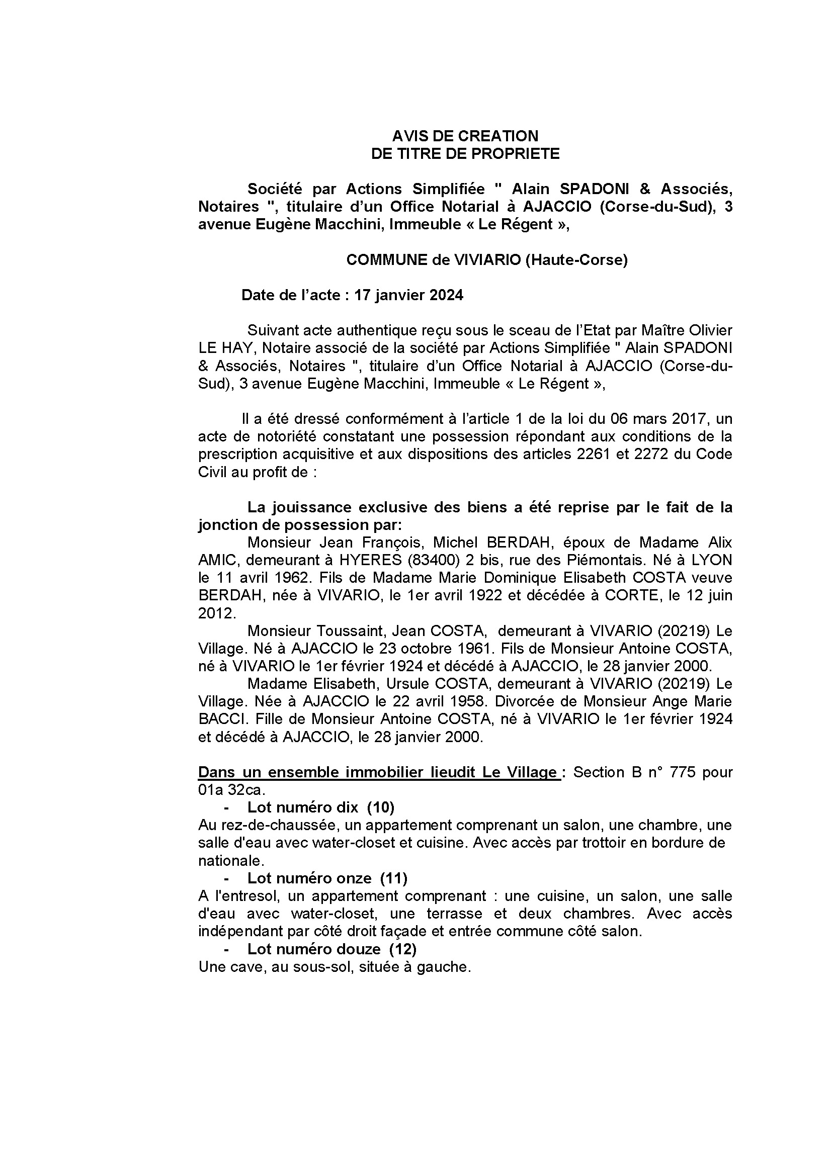 Avis de création de titre de propriété - Commune de Vivariu (Cismonte)