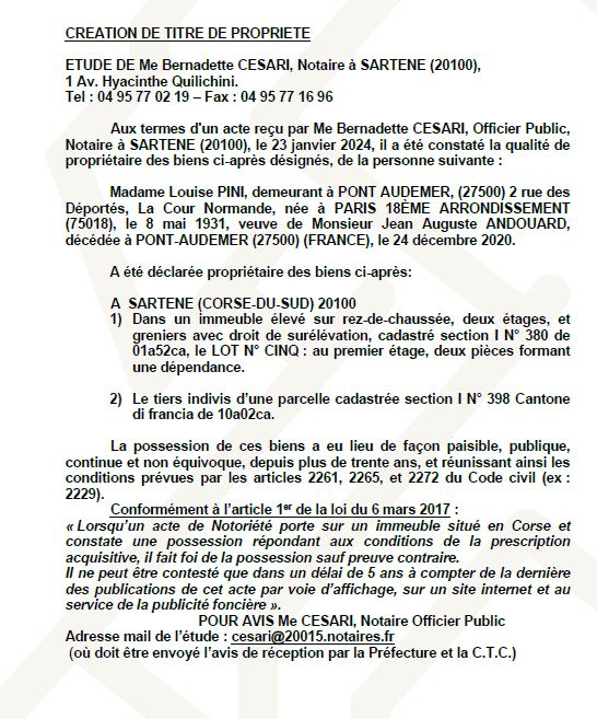 Avis de création de titre de propriété - Commune de Sartè (Pumonti)