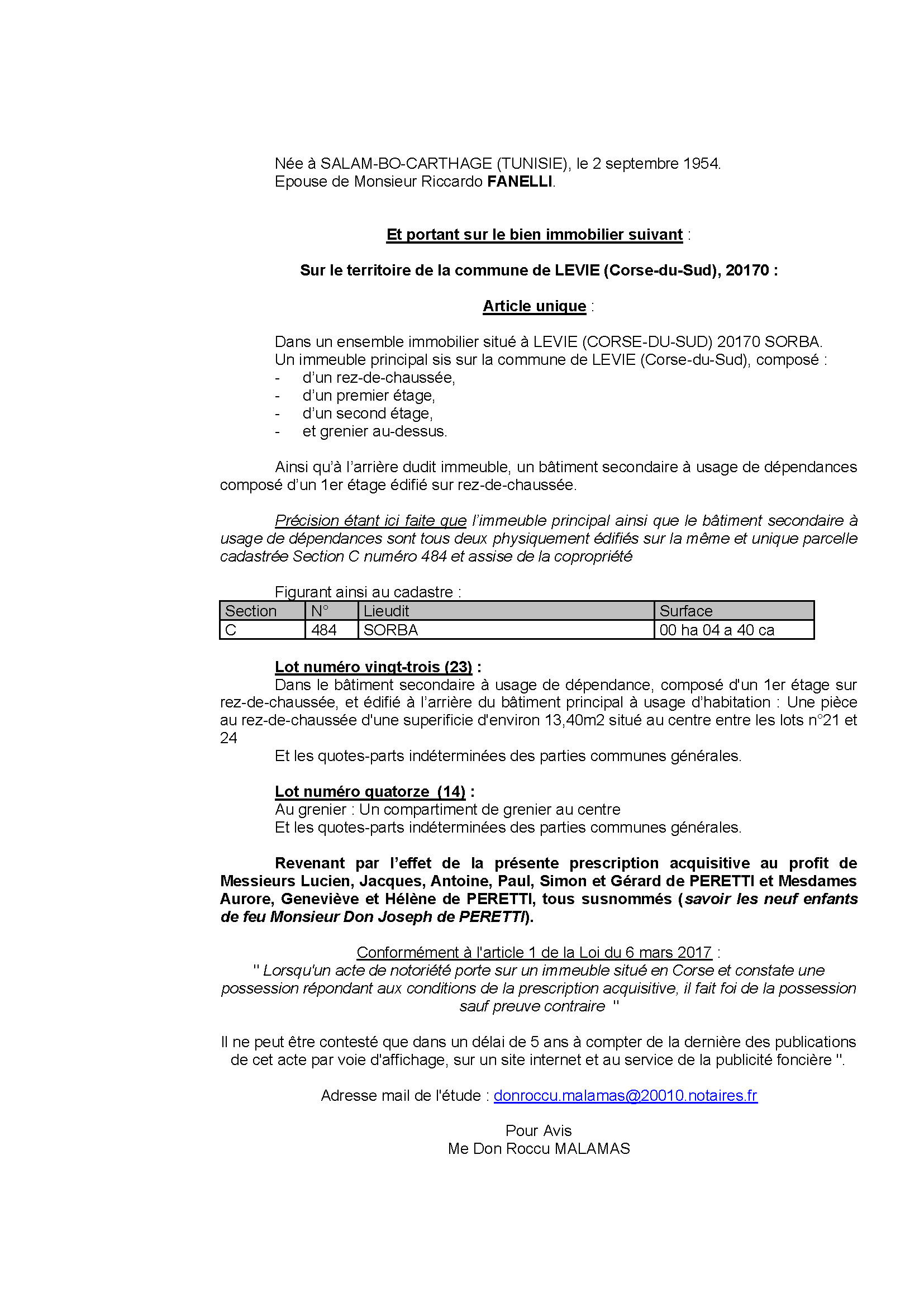 Avis de création de titre de propriété - Commune de Livia (Pumonti)