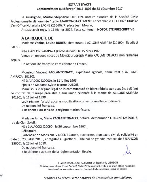 Avis de création de titre de propriété - Commune d'Azilonu è Ampaza (Pumonti)