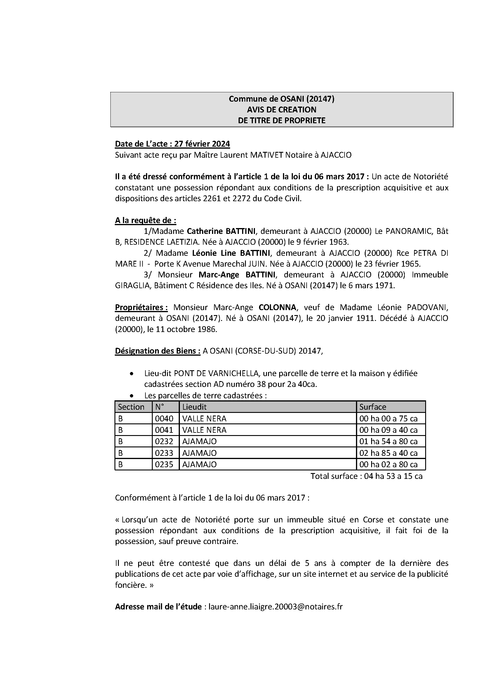 Avis de création de titre de propriété - Commune d'Osani (Pumonti)