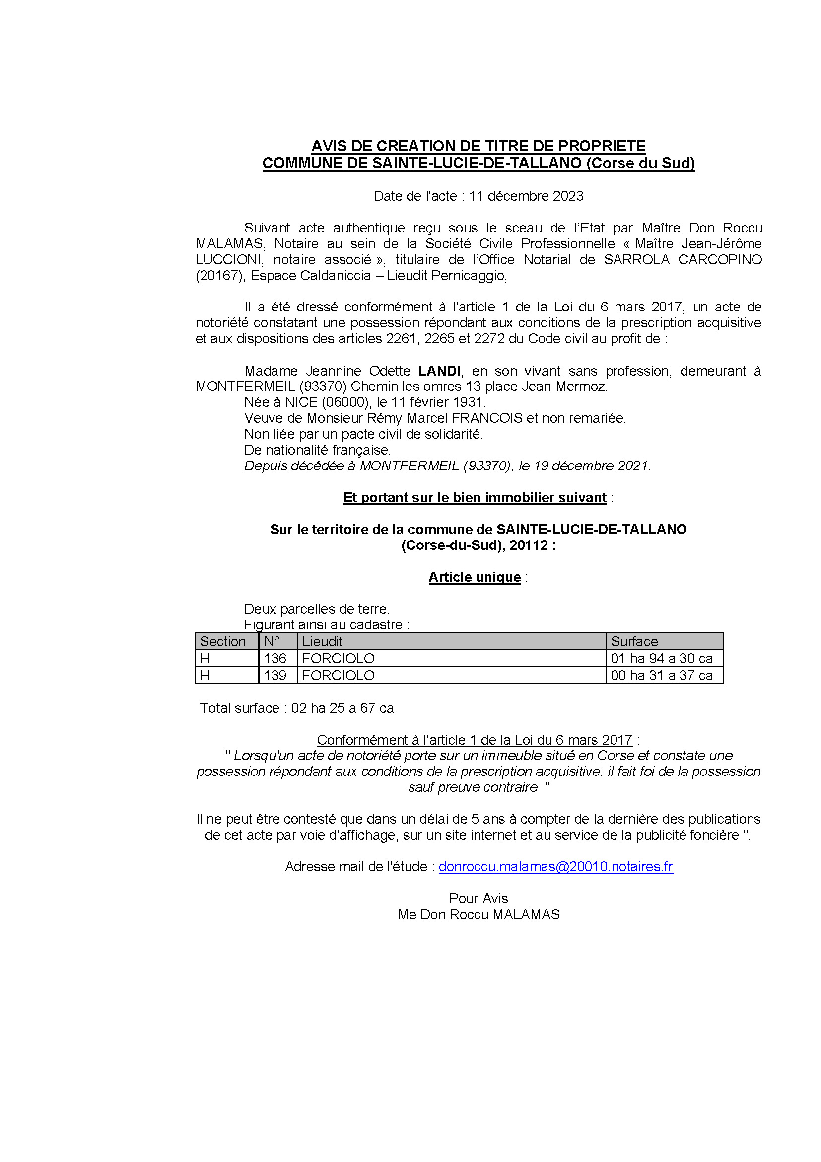 Avis de création de titre de propriété - Commune de Santa Lucia di Tallà (Pumonti)