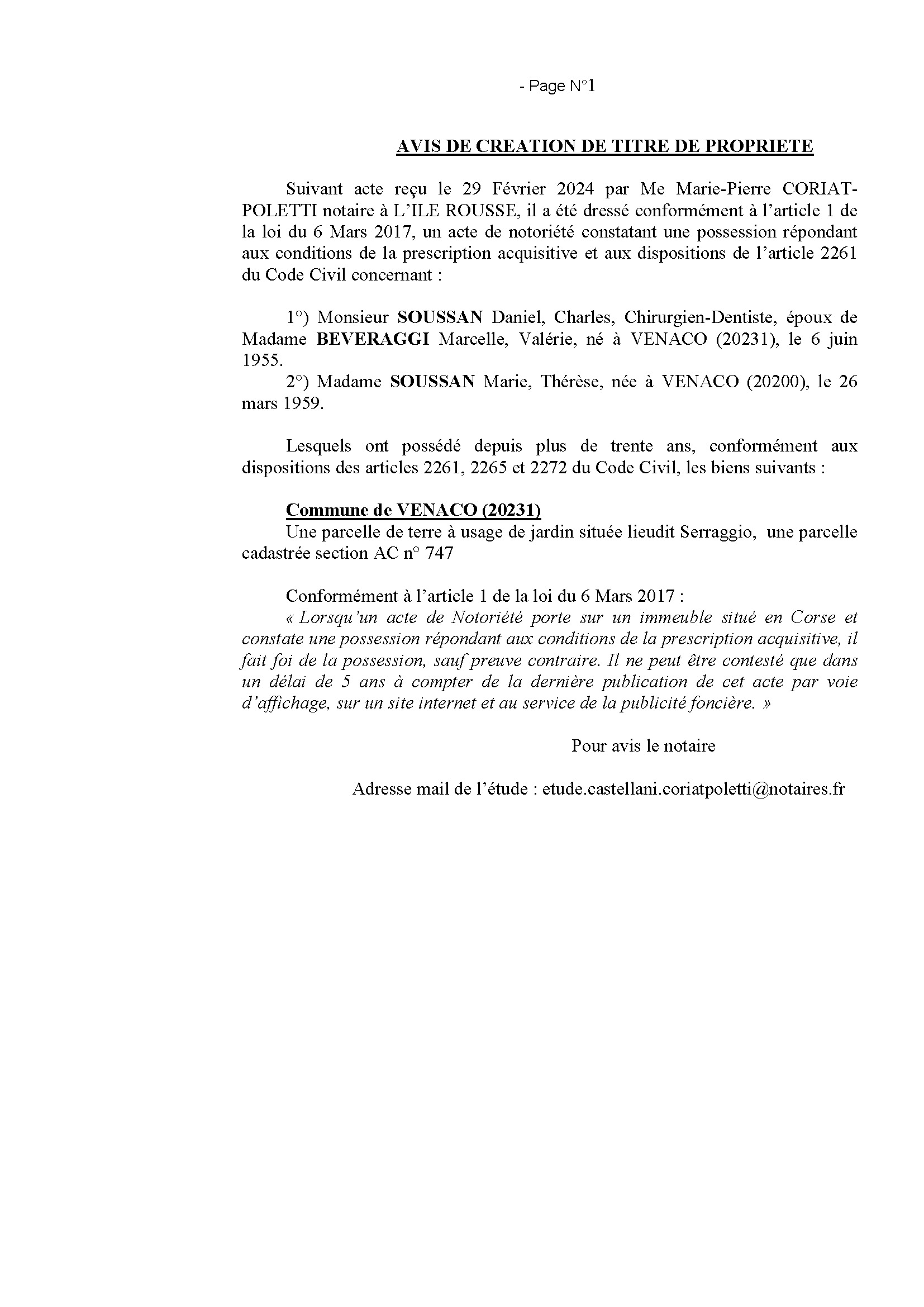 Avis de création de titre de propriété - Commune de Venacu (Cismonte)